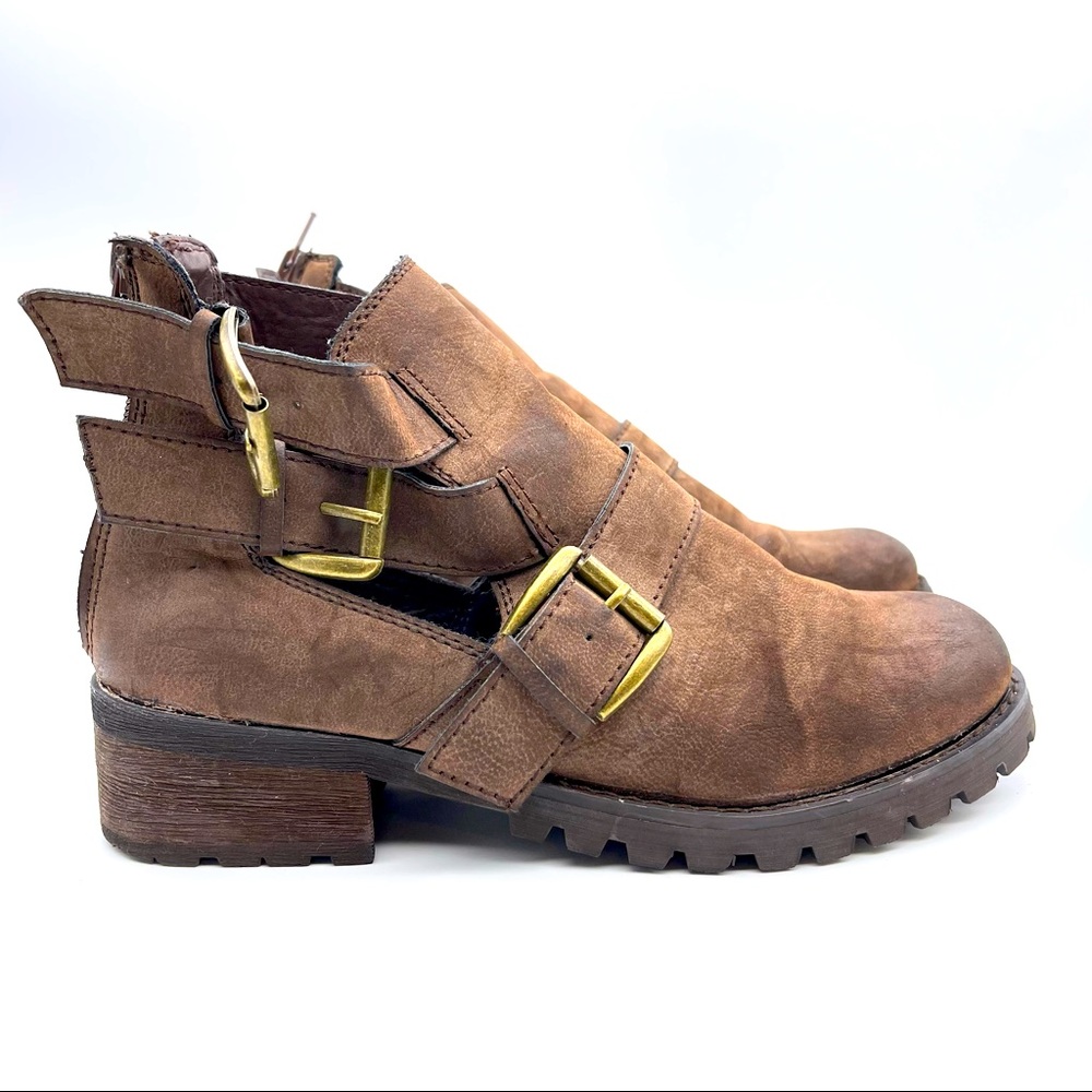 Penny Loves Kenny Rocker Moto Chic Steampunk Buckle Brown Leather Ankle Boots.
